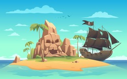 Pirate Ship And Island With Skull Cave