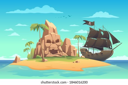Pirate ship and island with skull cave