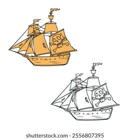 pirate ship isolated on white background. hand drawn. cartoon. you can change color you want. vector illustrations