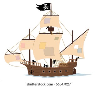 Pirate ship isolated on white. Remove the patches from the sails, and the Jolly Roger, and you get an ordinary sail ship. 