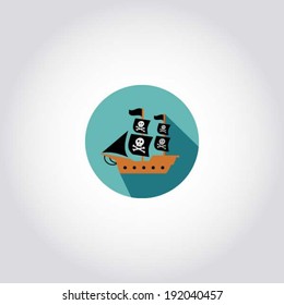 Pirate ship with jolly roger flag - pirate icon, web symbol, app design element, vector illustration