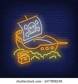 Pirate ship with Jolly Roger and gold neon sign. Adventure, vessel, journey design. Night bright neon sign, colorful billboard, light banner. Vector illustration in neo n style.