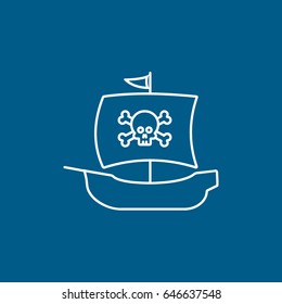 Pirate Ship Line Icon On Blue Background