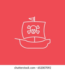 Pirate Ship Line Icon On Red Background