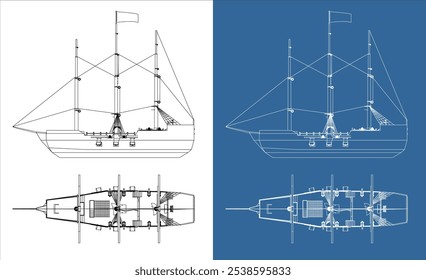 pirate ship line vector technical drawing blueprint isolated on transparent background