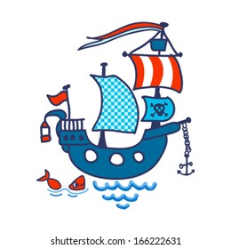 Pirate ship and a little fish. Vector illustration