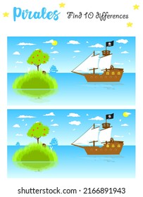 The pirate ship is looking for treasure on the island. Find 10 differences. Educational game for children. Cartoon vector illustration