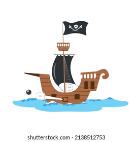A Pirate Ship with Lowered Sails Sails on the Sea and Shoots a Cannonball Pirate Flag