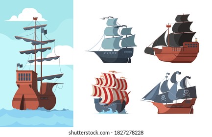 Pirate ship. Marine old transport ocean damaged wooden boat galleons vector pictures