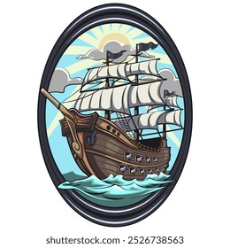 pirate, ship, medieval, battle, icon, vector, design, travel, isolated, vintage, illustration, cartoon, sea, retro, flag, sticker, cute, ocean, flat, old, boat, adventure, wooden, lion tin, pendant, t