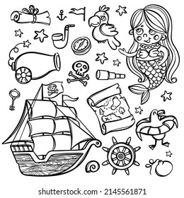 PIRATE SHIP AND MERMAID Monochrome With Skull Flag On Mast Hand Drawn Cartoon Clipart Sea Attributes And Objects Vector Illustration Set For Design And Print