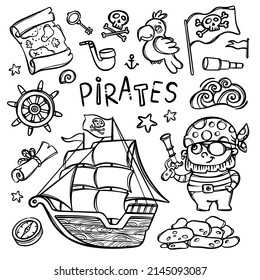 PIRATE AND SHIP MONOCHROME With Skull Flag On Mast And Text Hand Drawn Cartoon Clipart Sea Attributes And Objects Vector Illustration Set For Design And Print