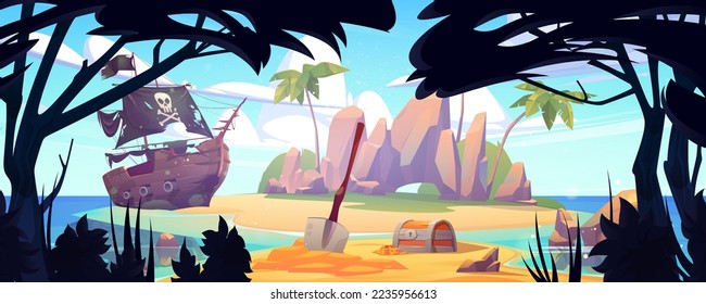 Pirate ship moored on island with treasure. Chest with gold and shovel under intertwined lianas, filibuster loot on sea beach with palm trees. Adventure book or game scene, Cartoon vector illustration