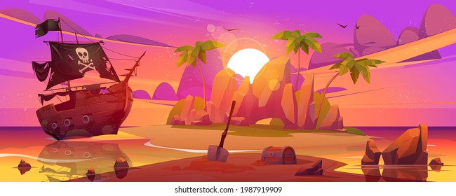 Pirate ship moored on secret island with treasure chest at sunset landscape. filibuster loot and shovel under on sea beach with palm trees. Adventure book or game scene, Cartoon vector illustration svg