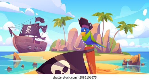 Pirate ship moored on secret island with funny parrot wear corsair cocked hat sitting on black Jolly roger flag at ocean landscape. Filibuster adventure book or game scene, Cartoon vector illustration