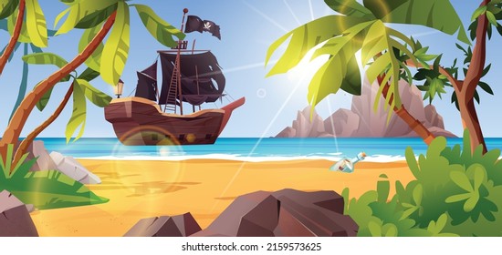 Barco pirata cerca de la isla.  Palmeras, piedras, mar o océano, arbustos y rocas.  Ilustración vectorial de dibujos animados para el 2d juego.