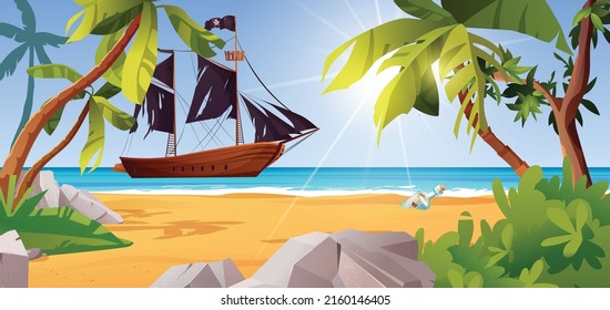 Pirate ship near the island.  Palm trees, stones, sea or ocean, bushes and rocks.  Cartoon vector illustration for 2d game.