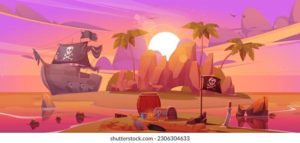 Barco pirata cerca de la isla en el mar con tesoro en la playa en la ilustración vectorial de la caricatura de la puesta del sol. Barco de aventura en el océano por encima del cielo rosado fantasía con caída de la escena del juego solar. Velada del paraíso tropical