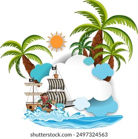Pirate ship near palm trees and ocean waves