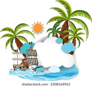 Pirate ship near palm trees and ocean waves