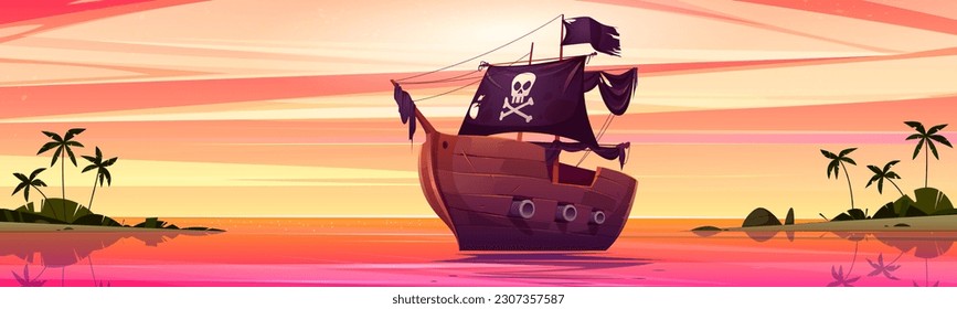 Pirate ship near sea island beach sunset cartoon vector background. Orange evening sky, ocean landscape with green palm tree. Tropical lagoon shore skyline and wooden boat with black skull flag.