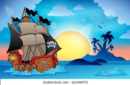 Pirate Ship Near Small Island 3 - Eps10 Vector Illustration.