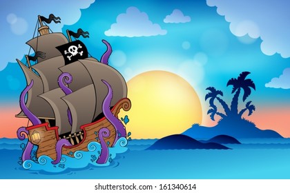 Pirate ship near small island 2 - eps10 vector illustration.