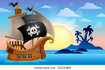 Pirate ship near small island 4 - eps10 vector illustration.
