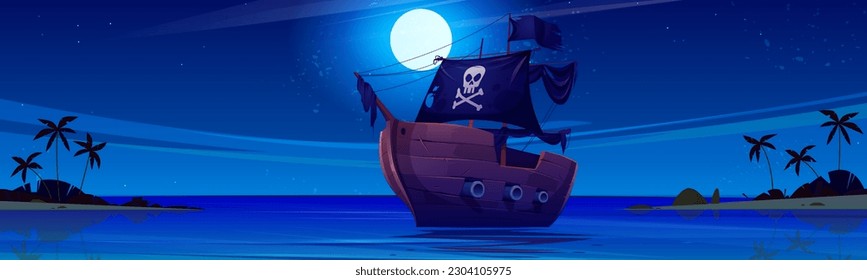 Barco pirata en la noche cerca del fondo del vector de dibujos animados de la playa de la isla del mar. Luna llena en el paisaje del océano cielo con palmera. El horizonte tropical de la laguna litoral por la noche y el barco de madera con bandera de cráneo negro.