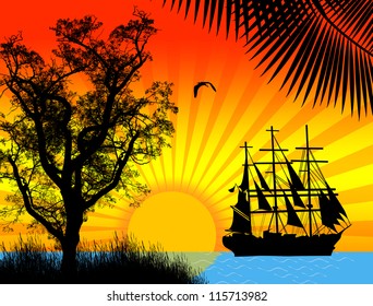 Pirate ship in ocean at sunset, vector illustration