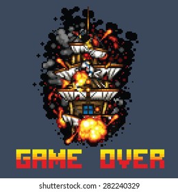 pirate ship on fire game over message pixel art style retro illustration
