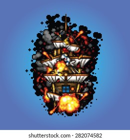 pirate ship on fire pixel art style retro illustration