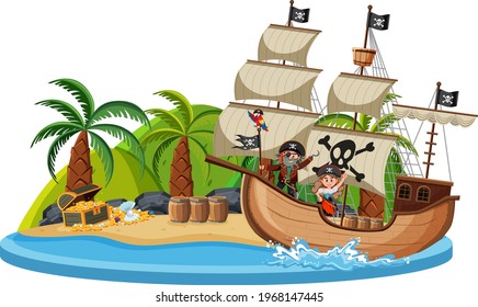 Pirate ship on island with many kids isolated on white background illustration