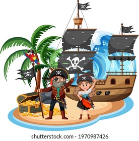 Pirate ship on island with many kids isolated on white background illustration