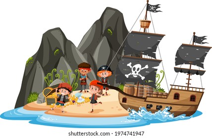 Pirate ship on island with many kids isolated on white background illustration