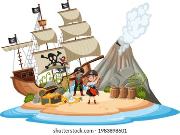 Pirate ship on island with many kids isolated on white background illustration