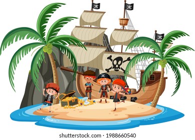 Pirate ship on island with many kids isolated on white background illustration