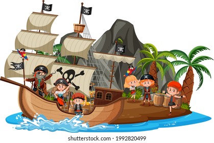Pirate ship on island with many kids isolated on white background illustration