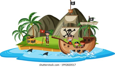 Pirate ship on island with many kids isolated on white background illustration