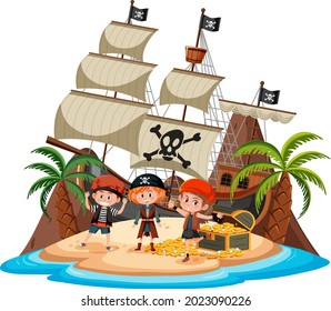 Pirate ship on island with many kids isolated on white background illustration