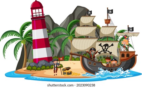 Pirate ship on island with many kids isolated on white background illustration