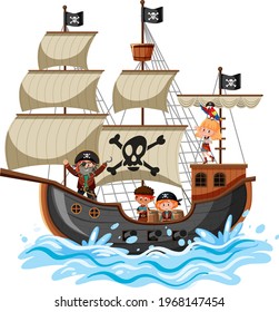 Pirate ship on ocean wave with many kids isolated on white background illustration