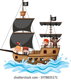 Pirate ship on ocean wave with many kids isolated on white background illustration