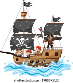 Pirate ship on ocean wave with many kids isolated on white background illustration