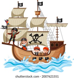 Pirate ship on ocean wave with many kids isolated on white background illustration