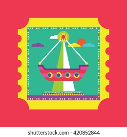 Pirate ship on ticket icon, amusement park
