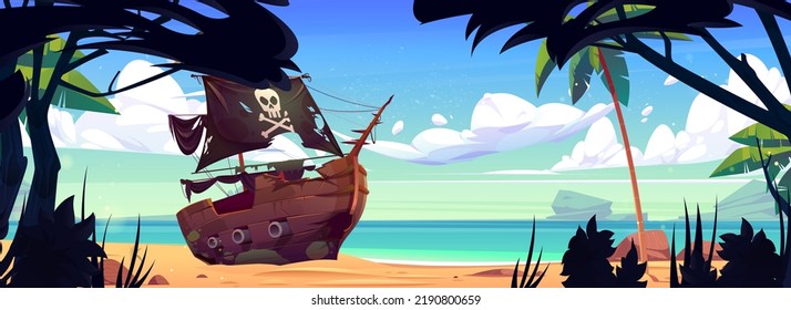 Pirate ship on tropical island sea beach with palm trees and vines. Old filibuster boat with black sails and jolly roger skull stuck in sand, scene for adventure game, Cartoon vector illustration