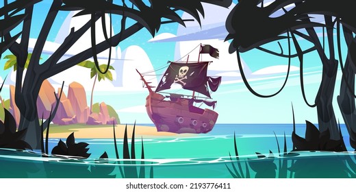 Pirate ship on tropical island, old filibuster boat with black sails and jolly roger skull stuck in sand on sea beach with palm trees and vines. Adventure game 2d scene, Cartoon vector illustration