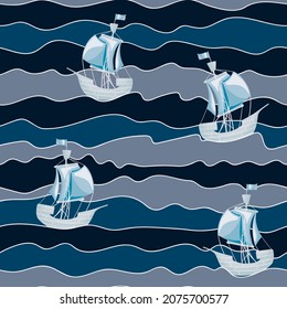 Pirate ship on wave seamless pattern. Kids abstract sea waves endless wallpaper. Boat in ocean background. Design for fabric, textile print, surface, wrapping paper, cover. Kids vector illustration