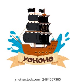 Barco pirata sobre olas con velas negras en estilo plano. Grande barco náutico de madera. Transporte marítimo. Barco pirata de dibujos animados.